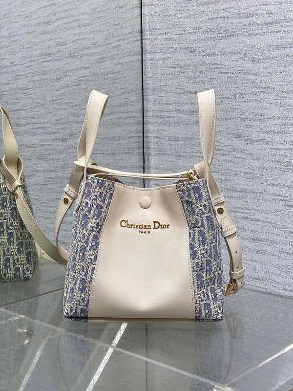 CD bucket bag 21cm  natural canvas with creamy white calfskin