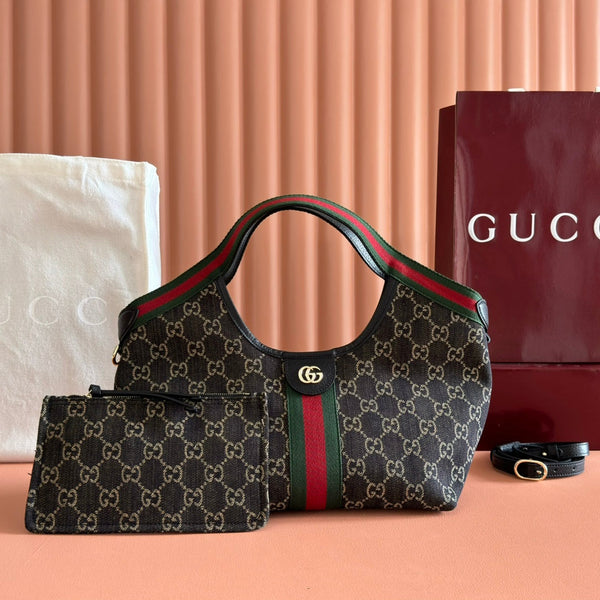 GG Giglio 26 Detachable Clutch Tote Bag 25cm Black Canvas Light Gold Hardware