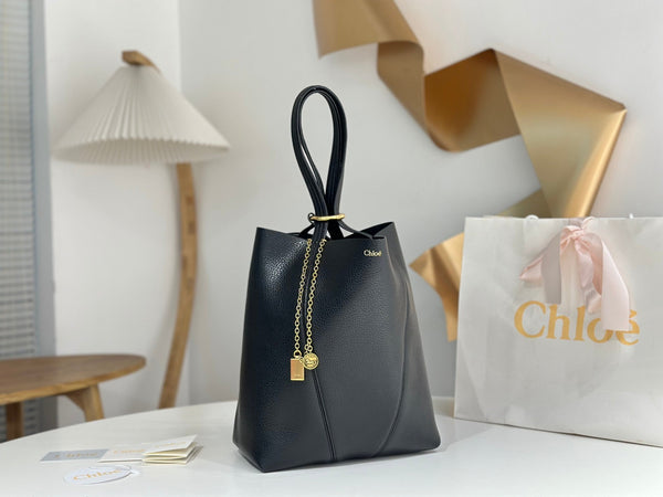 Chloe Spin Tote Bag Medium 27cm Black Calfskin 272274