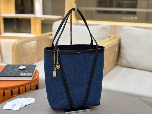 Chloe Spin Tote Bag Medium 27cm Blue Denim Calfskin 272224