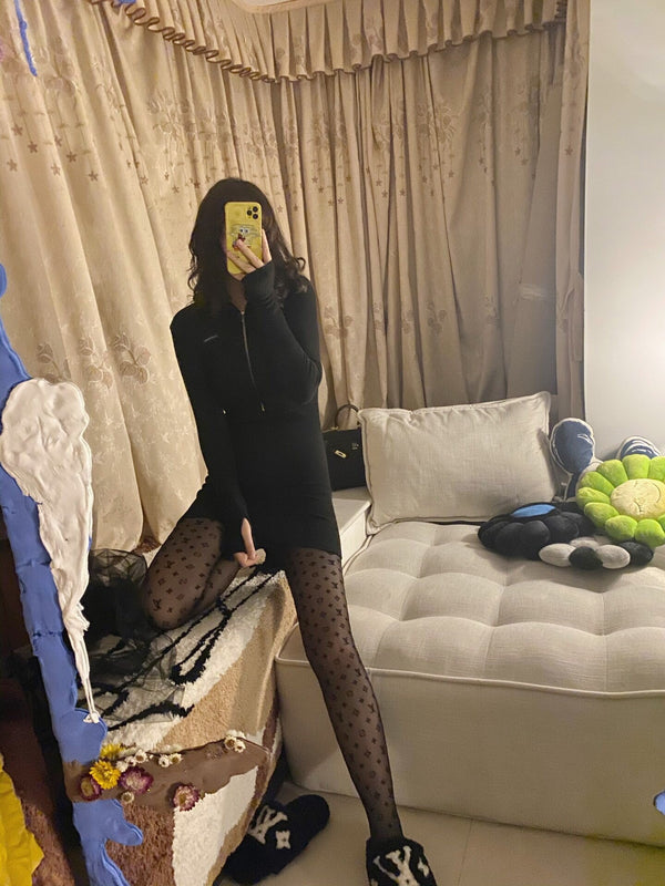 LV monogram logo flocked black pantyhose