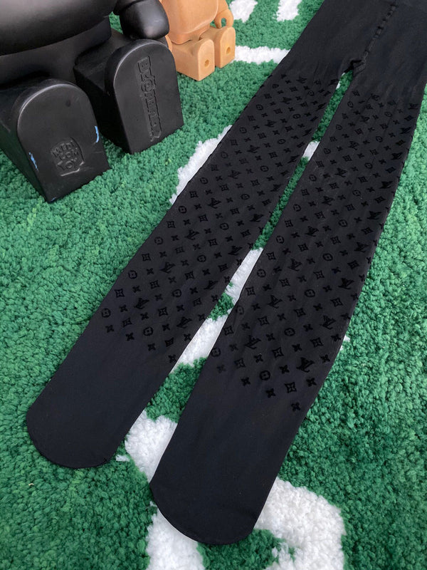 LV monogram logo flocked black pantyhose