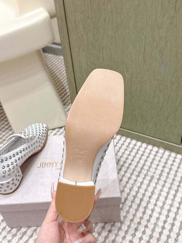 Jimmy Choo Eliot Slippers 45mm Metallic Eyelets White Calfskin 568495