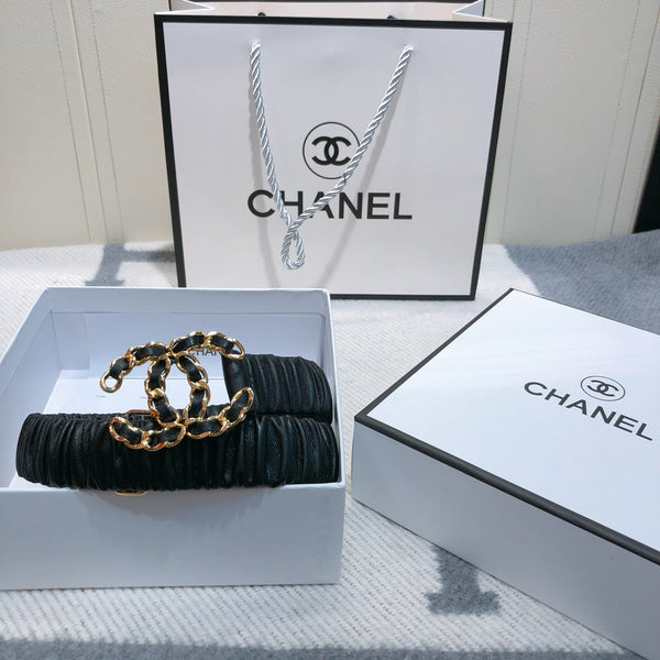 Ceinture Élastique en Peau d'Agneau Noire 30mm avec Boucle Logo Strass CC 614238