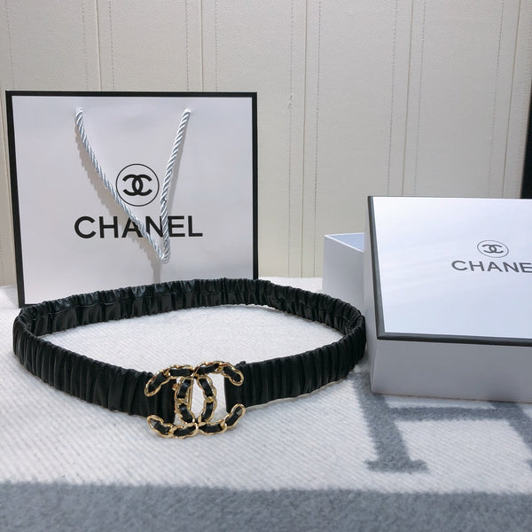 Ceinture Élastique en Peau d'Agneau Noire 30mm avec Boucle Logo Strass CC 614238
