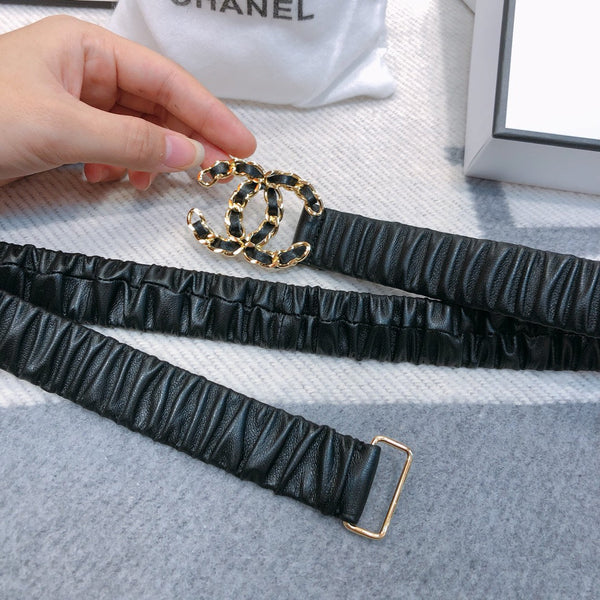 Ceinture Élastique en Peau d'Agneau Noire 30mm avec Boucle Logo Strass CC 614238