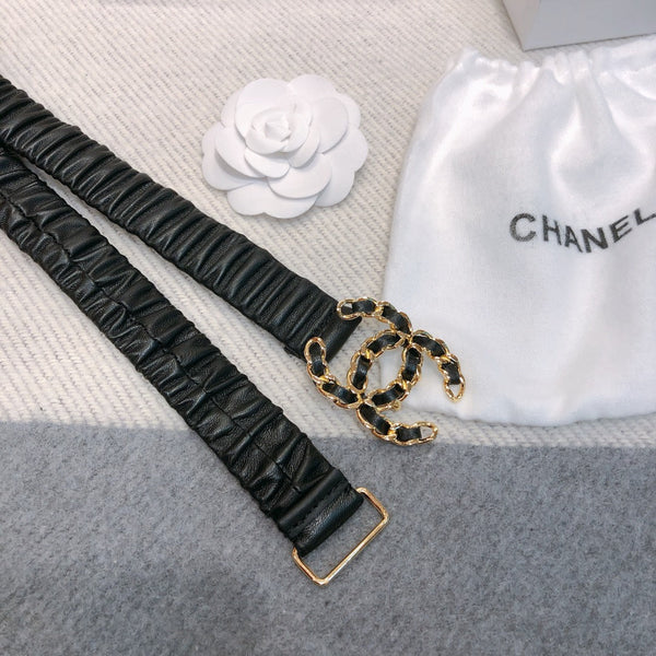 Ceinture Élastique en Peau d'Agneau Noire 30mm avec Boucle Logo Strass CC 614238