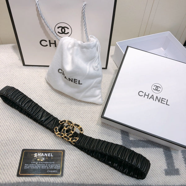 Ceinture Élastique en Peau d'Agneau Noire 30mm avec Boucle Logo Strass CC 614238