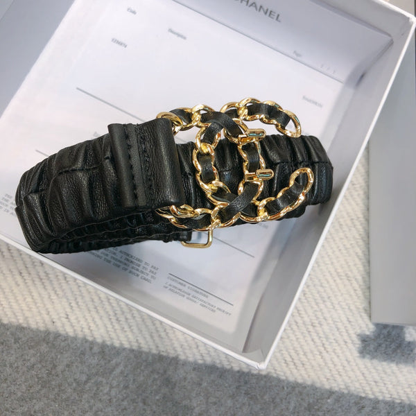 Ceinture Élastique en Peau d'Agneau Noire 30mm avec Boucle Logo Strass CC 614238