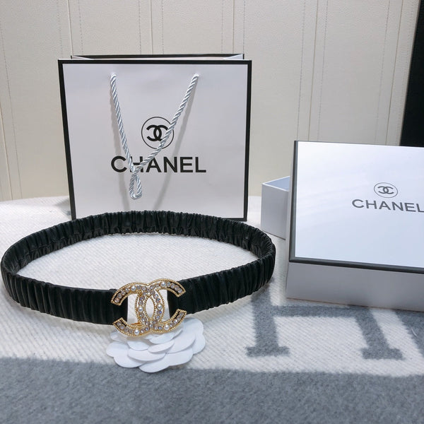 Ceinture élastique noire et or en agneau 30mm avec boucle logo CC strass 614237