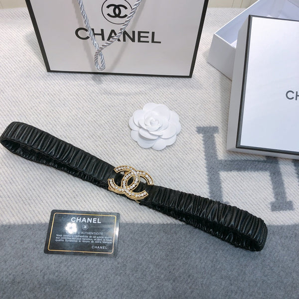 Ceinture élastique noire et or en agneau 30mm avec boucle logo CC strass 614237