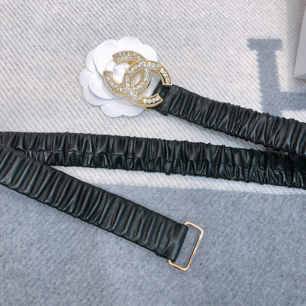 Ceinture élastique noire et or en agneau 30mm avec boucle logo CC strass 614237