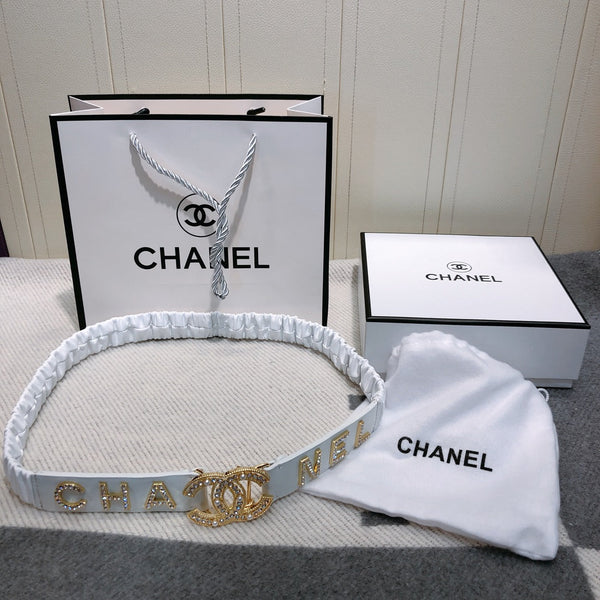 Ceinture élastique CC 30 mm, strass dorés, logo, cuir de vachette blanc 614214
