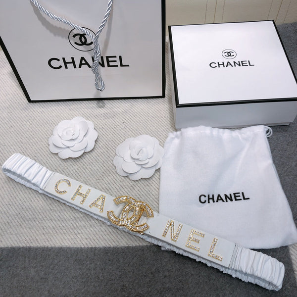 Ceinture élastique CC 30 mm, strass dorés, logo, cuir de vachette blanc 614214