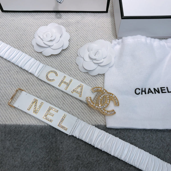 Ceinture élastique CC 30 mm, strass dorés, logo, cuir de vachette blanc 614214