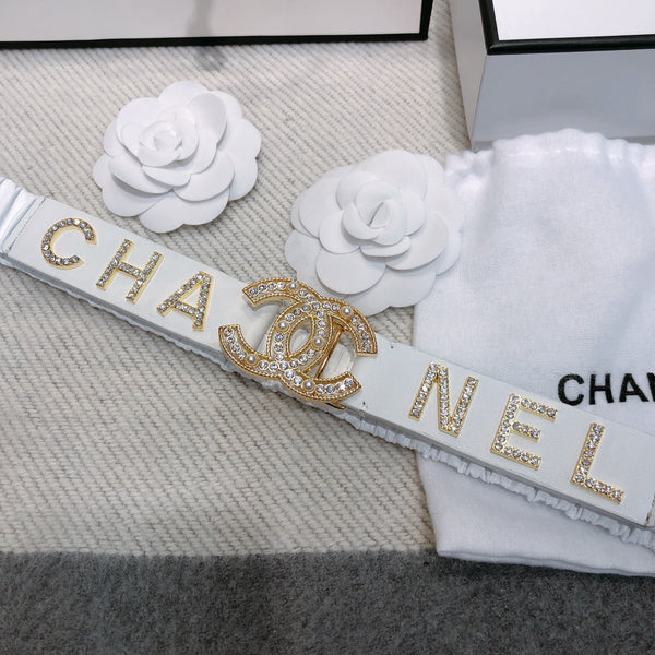 Ceinture élastique CC 30 mm, strass dorés, logo, cuir de vachette blanc 614214