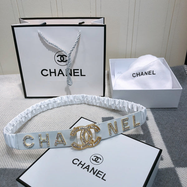 Ceinture élastique CC 30 mm, strass dorés, logo, cuir de vachette blanc 614214