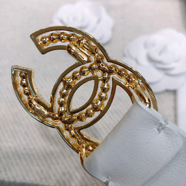 Ceinture élastique CC 30 mm, strass dorés, logo, cuir de vachette blanc 614214