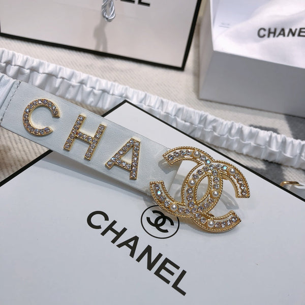Ceinture élastique CC 30 mm, strass dorés, logo, cuir de vachette blanc 614214