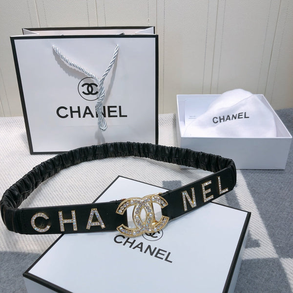 CC Ceinture Élastique 30mm Logo Strass Dorés Cuir de Vachette Noir 614213