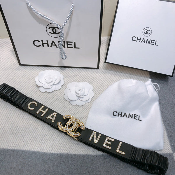 CC Ceinture Élastique 30mm Logo Strass Dorés Cuir de Vachette Noir 614213