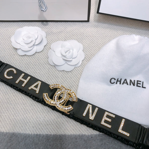 CC Ceinture Élastique 30mm Logo Strass Dorés Cuir de Vachette Noir 614213