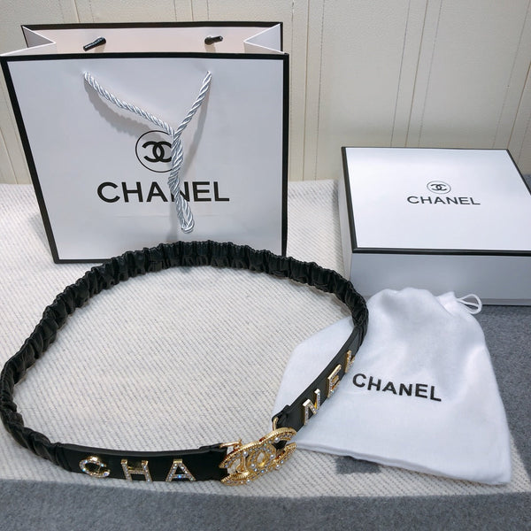 CC Ceinture Élastique 30mm Logo Strass Dorés Cuir de Vachette Noir 614213