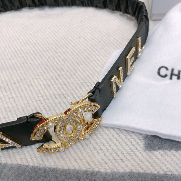 CC Ceinture Élastique 30mm Logo Strass Dorés Cuir de Vachette Noir 614213