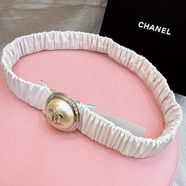 Ceinture Femme Boucle Cachet CC 30mm Élastique Cuir de Vachette Blanc 196841