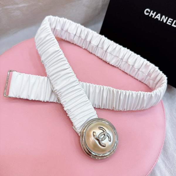 Ceinture Femme Boucle Cachet CC 30mm Élastique Cuir de Vachette Blanc 196841