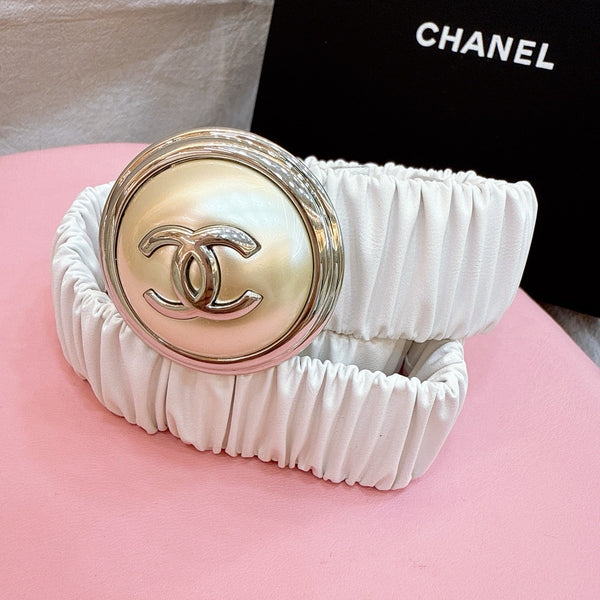 Ceinture Femme Boucle Cachet CC 30mm Élastique Cuir de Vachette Blanc 196841