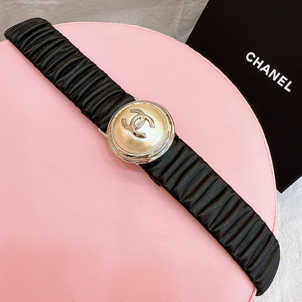 Ceinture femme boucle CC Stamp 30mm élastique cuir de vachette marron foncé 196839