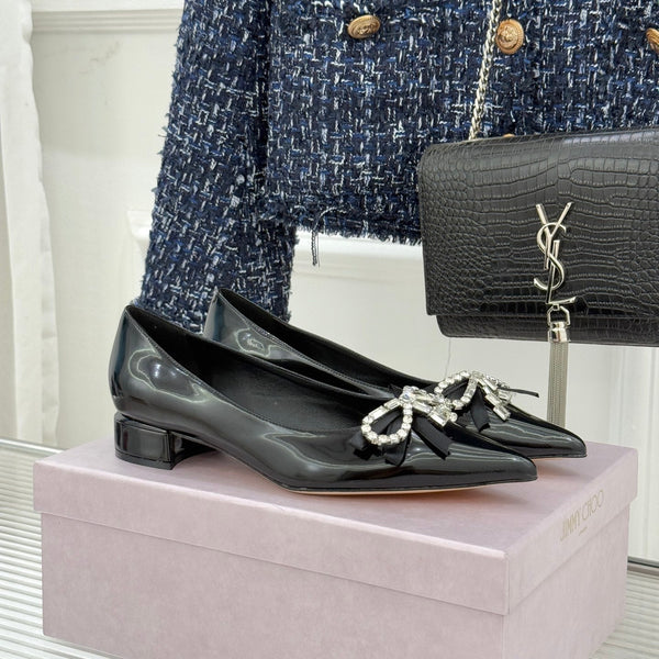 Jimmy Choo 26WF Pointed Toe Rhinestone Bow Chunky Heel Black in  Sheepskin 573540
