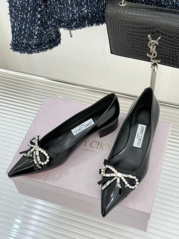 Jimmy Choo 26WF Pointed Toe Rhinestone Bow Chunky Heel Black in  Sheepskin 573540