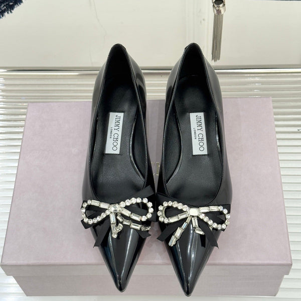 Jimmy Choo 26WF Pointed Toe Rhinestone Bow Chunky Heel Black in  Sheepskin 573540