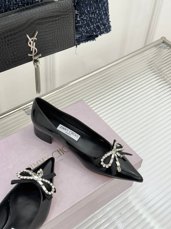 Jimmy Choo 26WF Pointed Toe Rhinestone Bow Chunky Heel Black in  Sheepskin 573540