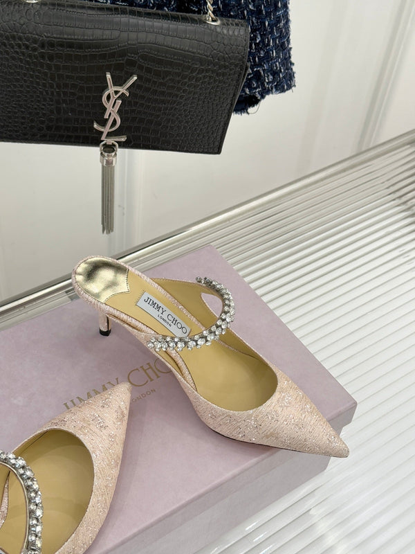 Jimmy Choo Classic Diamond Chain Point Toe High Heels Champagne Glitter Sheepskin 573548