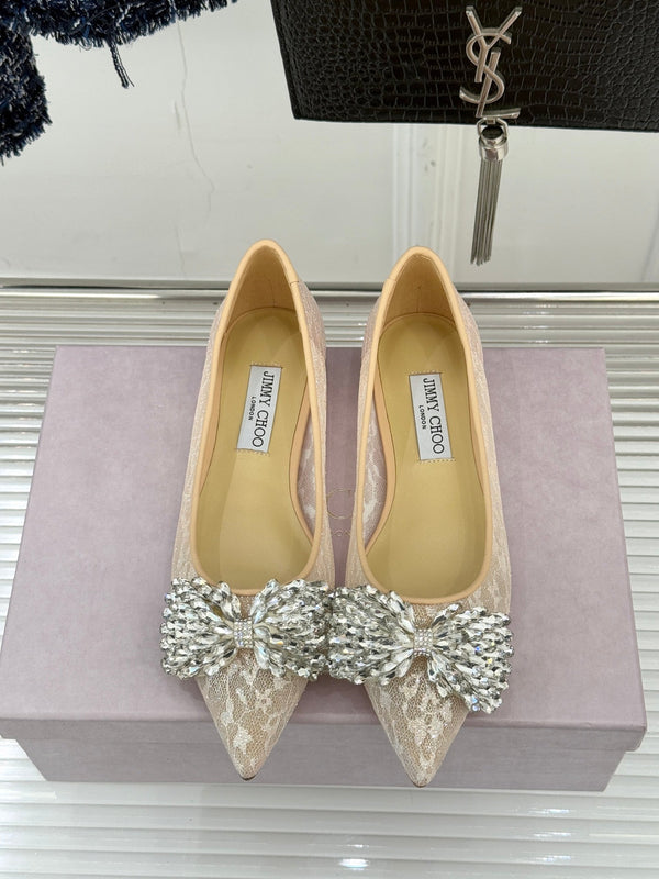 JC25WF Rhinestone Bow Pionted Toe Ballet Flat Nude Sheepskin 573535