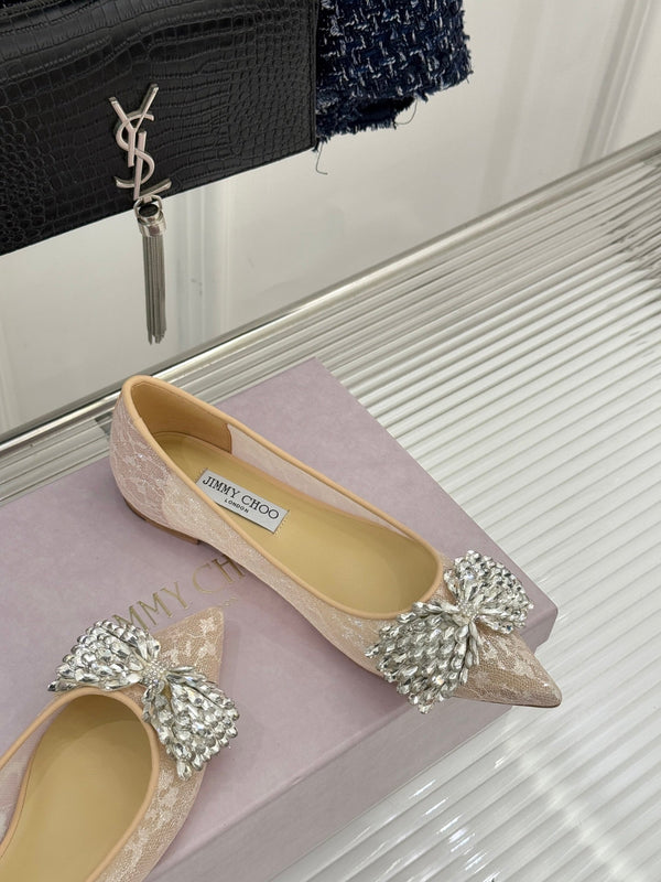 JC25WF Rhinestone Bow Pionted Toe Ballet Flat Nude Sheepskin 573535