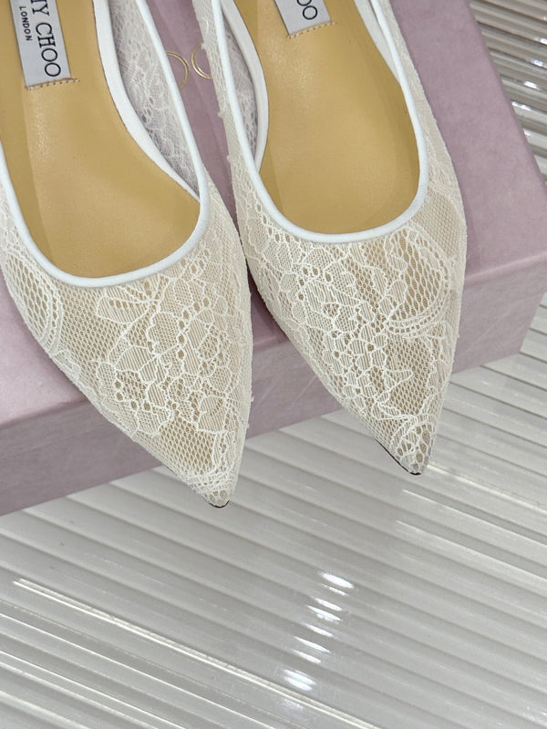 Jimmy Choo Classic Lace Pointed-Toe Ballet Flats White Sheepskin 573525
