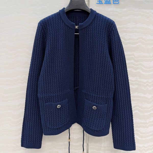 Chanel 26c Rhinestone Buckle Belt Cardigan Blue Wool 333721