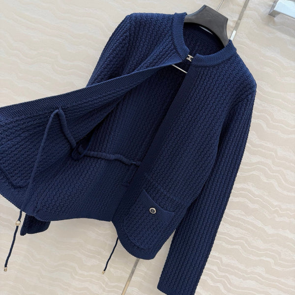 Chanel 26c Rhinestone Buckle Belt Cardigan Blue Wool 333721
