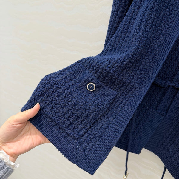 Chanel 26c Rhinestone Buckle Belt Cardigan Blue Wool 333721
