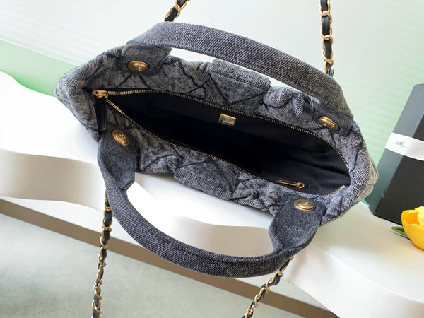 Sac Chanel 25K Nœud 38cm Gris Foncé Doré Denim Cuir 275871