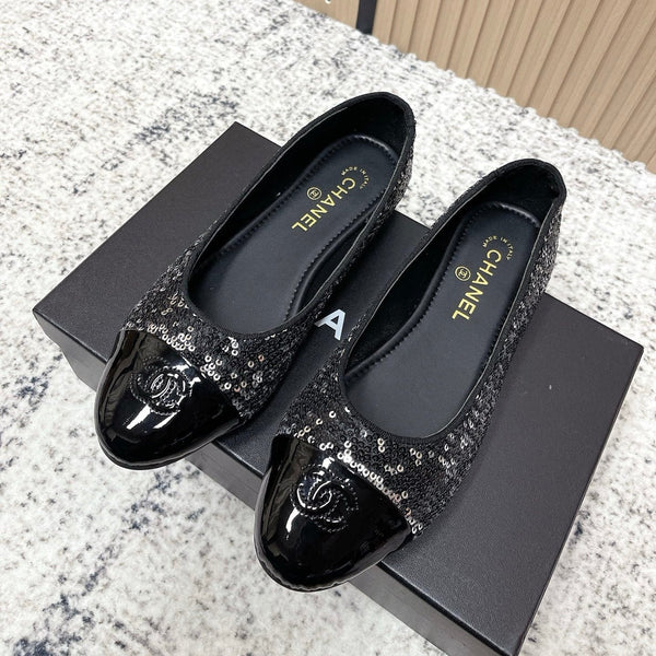 Ballerines Chanel Coco Mark Noires Argentées en Agneau 591378