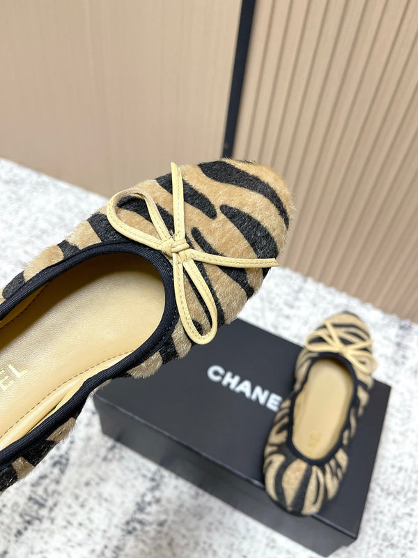 Chanel 26 Tiger Print Brown Black Ballet Flat in Sheepskin Wool 591377