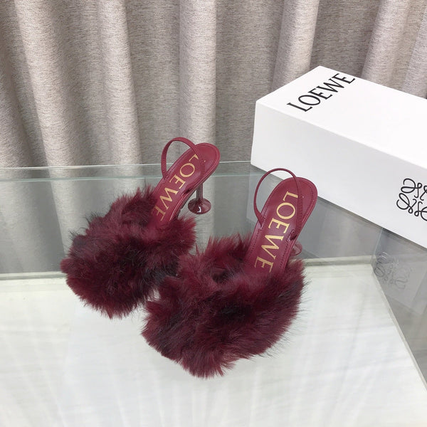 Loewe 25SS Fur-lined Mule 100 Burgundy in Fox Fur 597441
