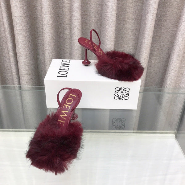 Loewe 25SS Fur-lined Mule 100 Burgundy in Fox Fur 597441