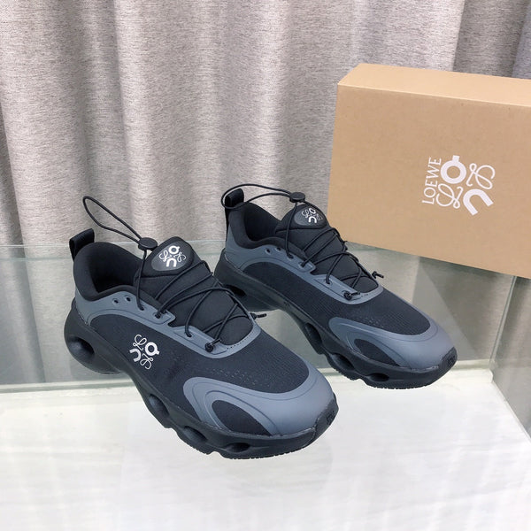 Loewe x on Angpao Couple Running Sneakers Black Gray Nylon Calfskin 597420