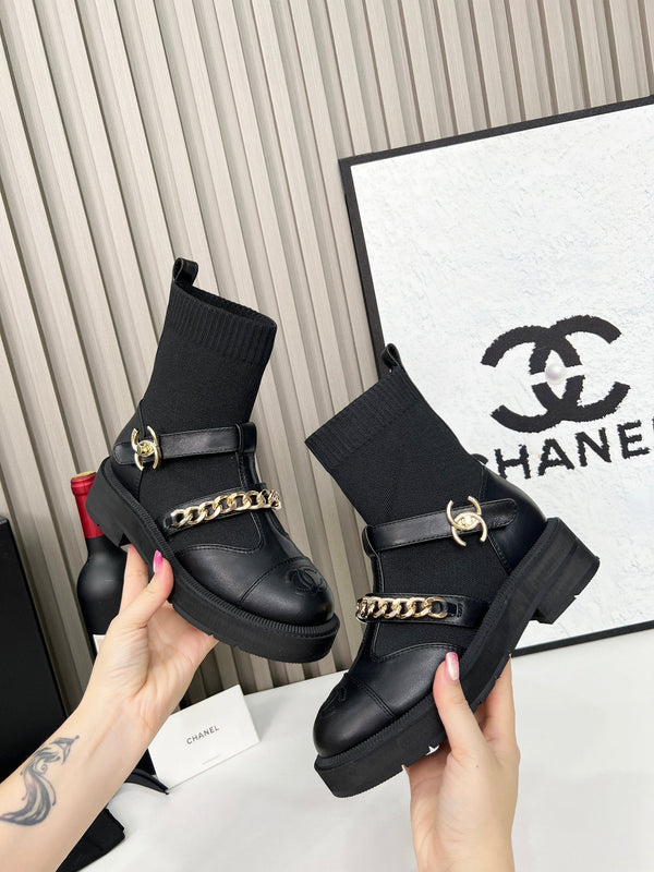 Chanel Bottines Chaussettes à Chaînes Laine Noir Flyknit 597917